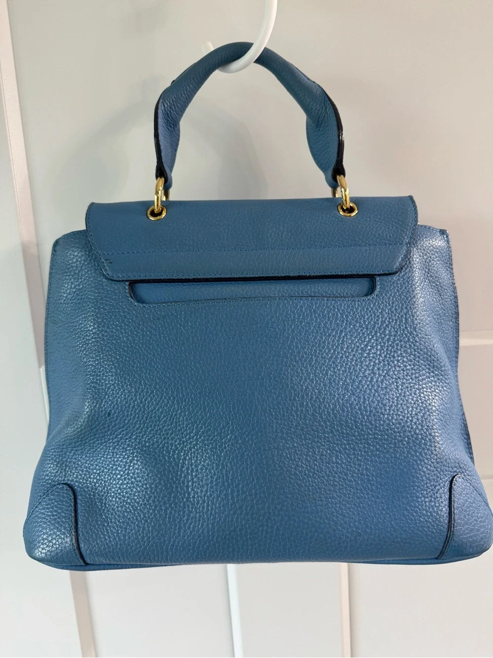 MCM Blue Leather Top-Handle Satchel with Gold Hardware